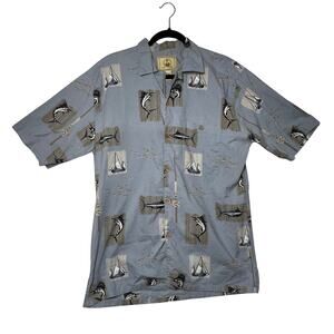 JOE MARLIN Hawaiian Shirt Mens Large Blue Fish Sailboat Camp Collar Short Sleeve